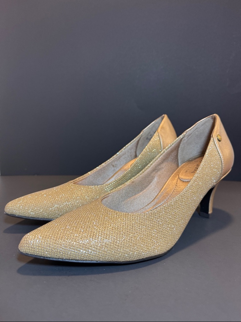 Women's Shimmery Gold Pointed Low Heel Pumps - Picture 3 of 10